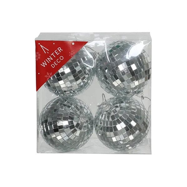 10cm Silver Disco Mirror balls x 4 - Disco Party Decorations Hanging Decoration 10cm Silver Disco Mirror balls x 4