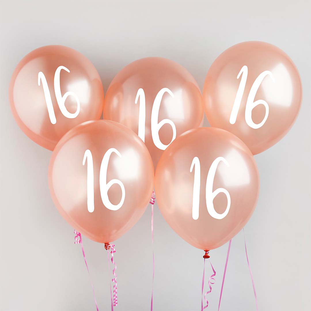 16th Birthday Balloons Rose Gold Chrome - Hootyballoo Balloons 16th Birthday Balloons Rose Gold Chrome - 5 Pack