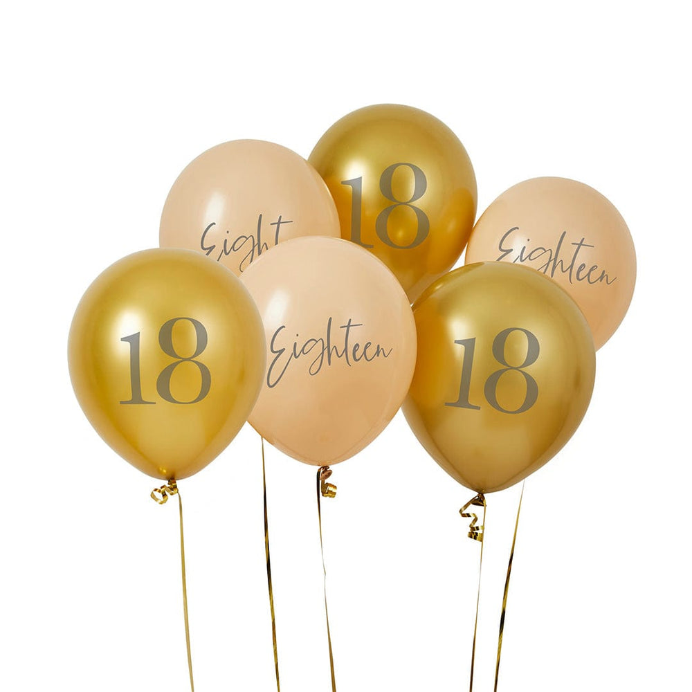 18th Birthday Balloons - Gold and Peach 'Eighteen' Balloons x 6 Balloons Gold and Peach 'Eighteen' Balloons x 6