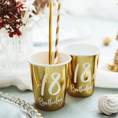 18th Birthday Party Gold & White Paper Cups party cups 18th Birthday Party Gold Paper Cups x 6