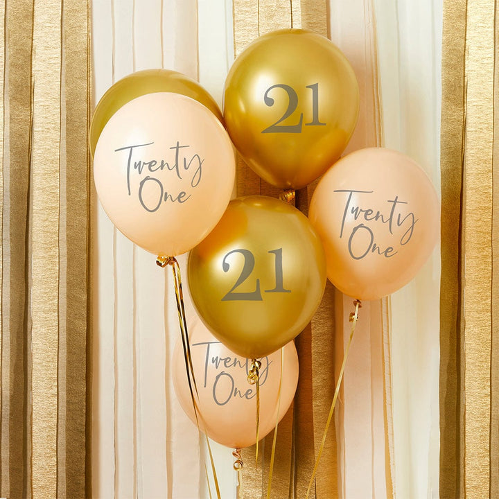 21st Birthday Balloons - Gold and Peach 'Twenty One' Balloons x 6 Balloons Gold and Peach 'Twenty One' Balloons x 6