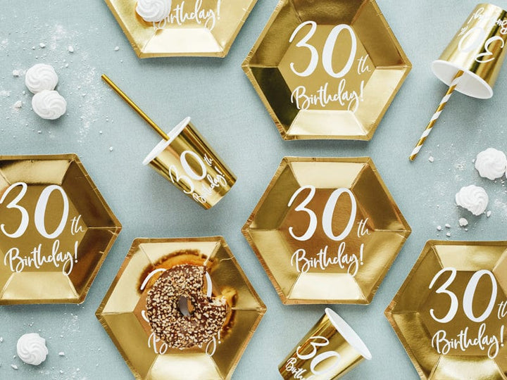 30th Birthday Gold & White Paper Party Plates party cups 30th Birthday Gold Party Paper Plates x 6