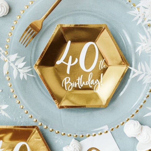 40th Birthday Gold & White Paper Party Plates Disposable Plates 40th Birthday Gold Party Paper Plates x 6