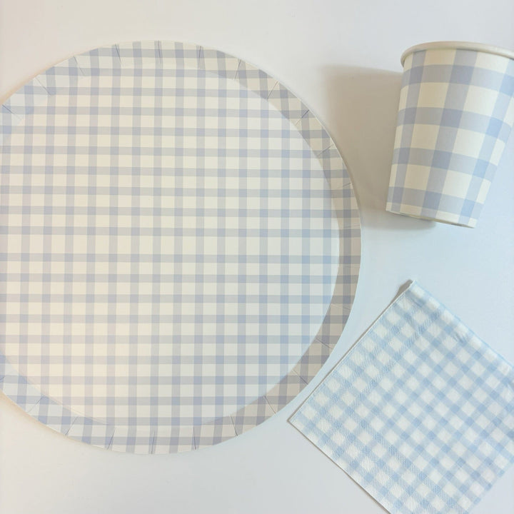 Baby Blue Gingham Large Party Plates x 12 - Josi James Party Supplies - Blue theme birthday party supplies Disposable Plates Baby Blue Gingham Large Party Plates x 12