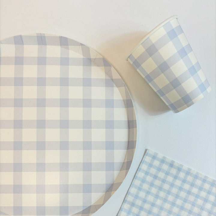 Baby Blue Gingham Party Cups x 12 - Josi James Party Supplies - Blue theme birthday party supplies Disposable Cups Baby Blue Gingham Party Cups x 12