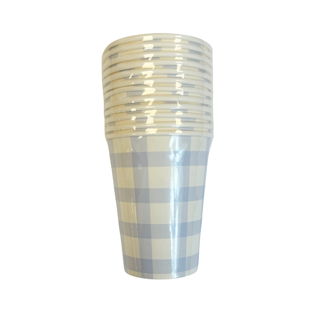 Baby Blue Gingham Party Cups x 12 - Josi James Party Supplies - Blue theme birthday party supplies Disposable Cups Baby Blue Gingham Party Cups x 12