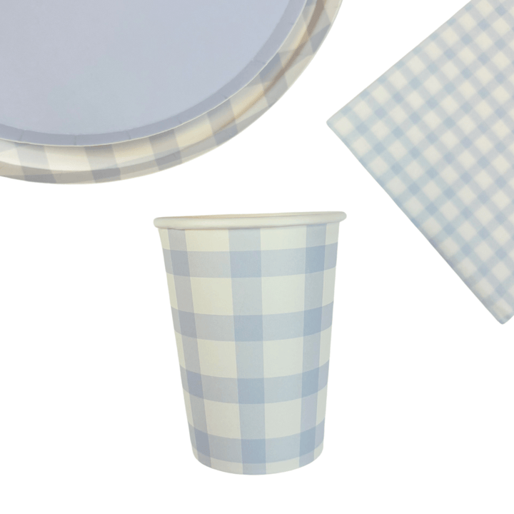 Baby Blue Gingham Party Cups x 12 - Josi James Party Supplies - Blue theme birthday party supplies Disposable Cups Baby Blue Gingham Party Cups x 12