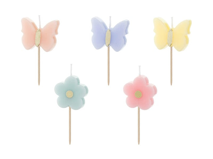 Butterflies and Flowers Birthday Candles x 5 - Pastel Party Candles Birthday Candles Butterflies and Flowers Birthday Candles x 5