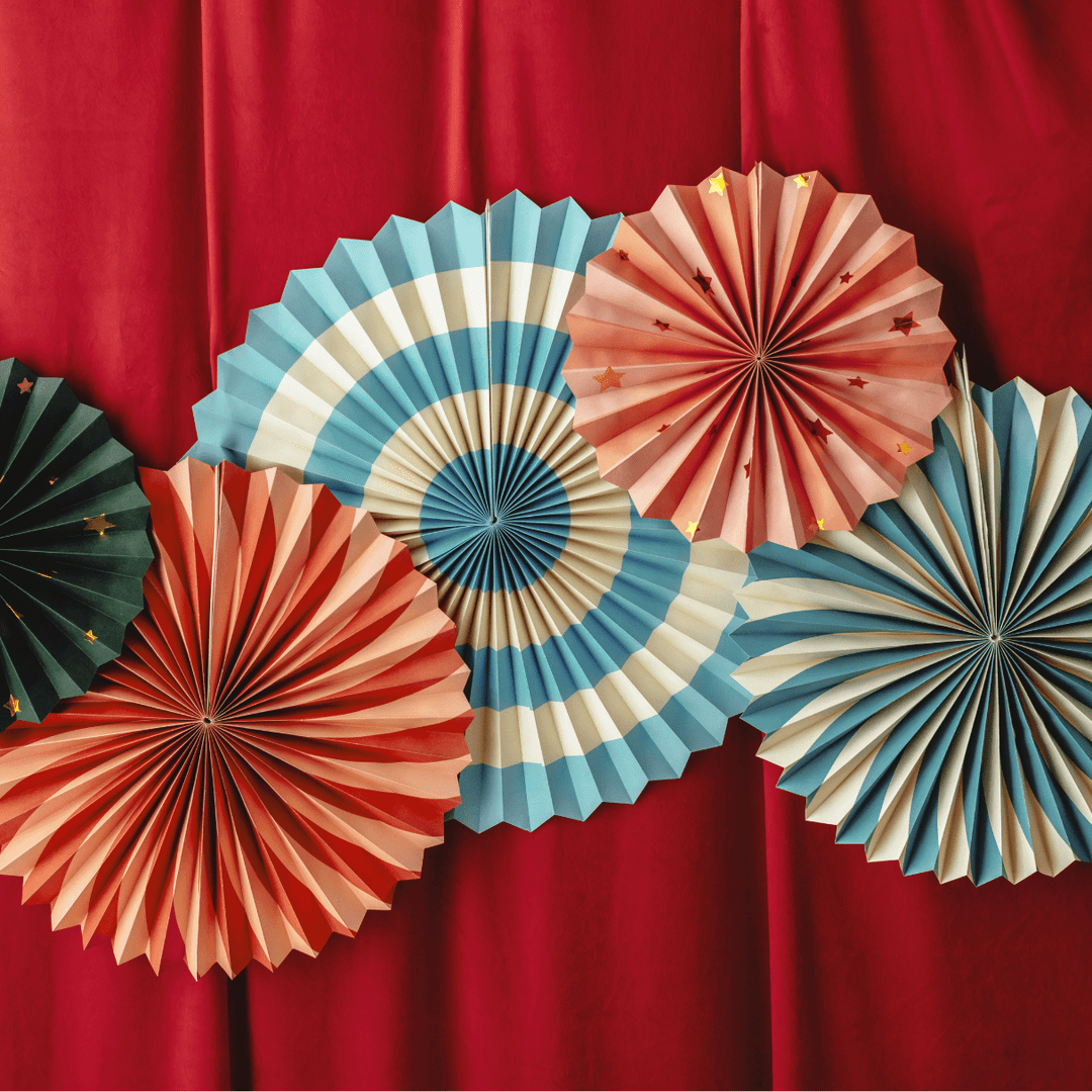 Circus Party Paper Fans – Set of 5 - Circus Theme Decorations Paper Fans Circus Party Paper Fans – Set of 5