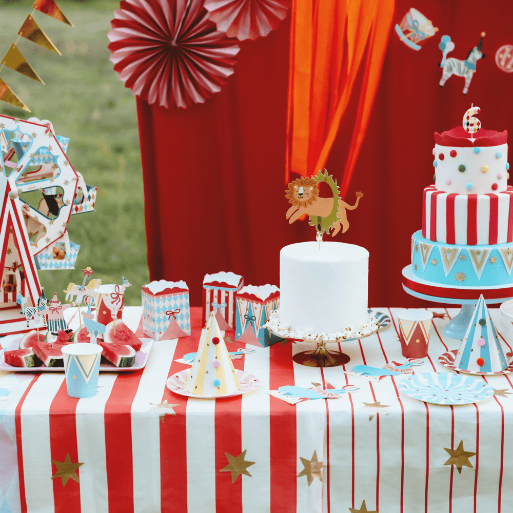 Circus Party Paper Tablecloth - Red Stars and Stripes - Circus Theme Party Supplies table cover Circus Party Paper Tablecloth - Red Stars and Stripes