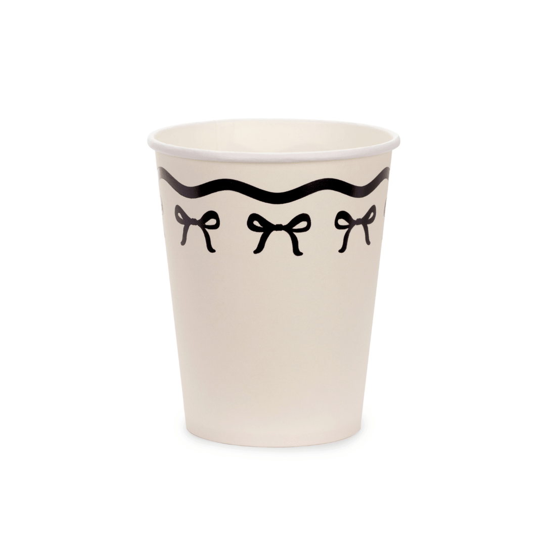 Cream & Black Bows Paper Cups x 6 - Black Bow Party Disposable Cups Cream & Black Bows Paper Cups x 6