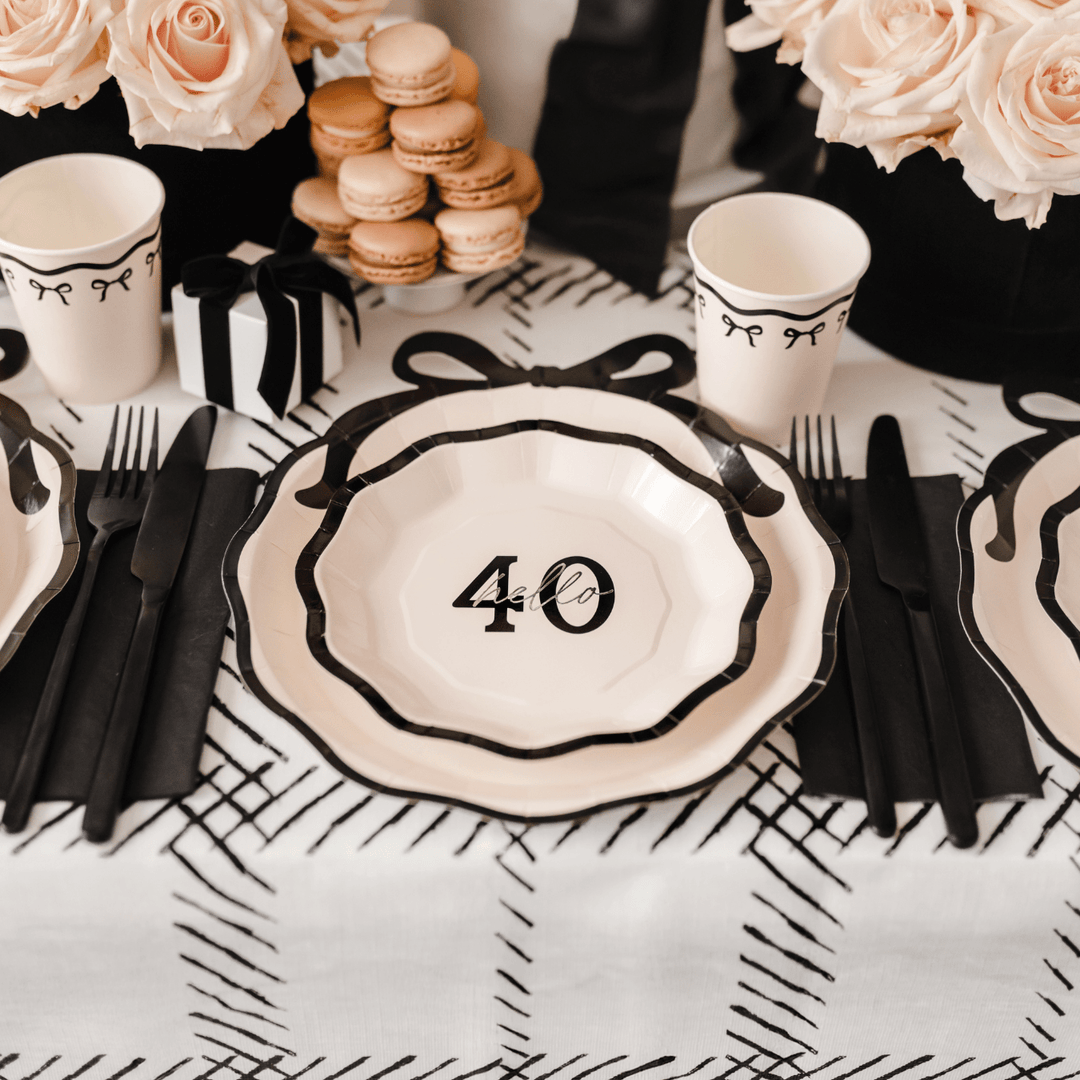 Cream & Black Hello 40 Paper Plates x 6 - 40th Birthday Party Paper Plate Cream & Black Hello 40 Paper Plates x 6