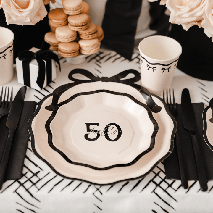 Cream & Black Hello 50 Paper Plates x 6 - 50th Birthday Party Paper Plate Cream & Black Hello 50 Paper Plates x 6