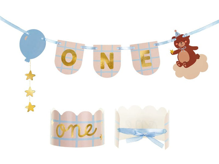 First Birthday Teddy Bear Chair Banner & Crown - 1st Birthday Party Supplies Bunting First Birthday Teddy Bear Chair Banner & Crown