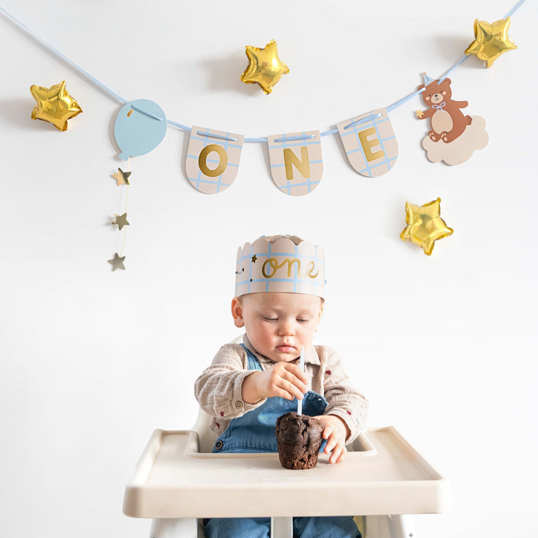 First Birthday Teddy Bear Chair Banner & Crown - 1st Birthday Party Supplies Bunting First Birthday Teddy Bear Chair Banner & Crown