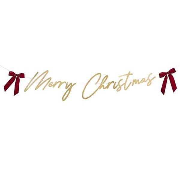 Gold Merry Christmas Banner With Velvet Bows - 2m Christmas Decorations Bunting Gold Merry Christmas Banner With Velvet Bows - 2m