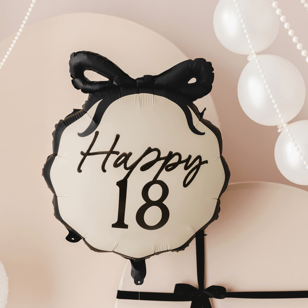 Happy 18 Black Bow Foil Balloon - 18th Birthday Party Balloons Happy 18 Black Bow Foil Balloon