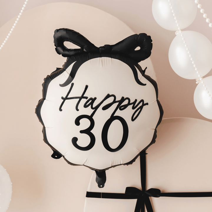 Happy 30 Black Bow Foil Balloon - 30th Birthday Party Balloons Happy 30 Black Bow Foil Balloon