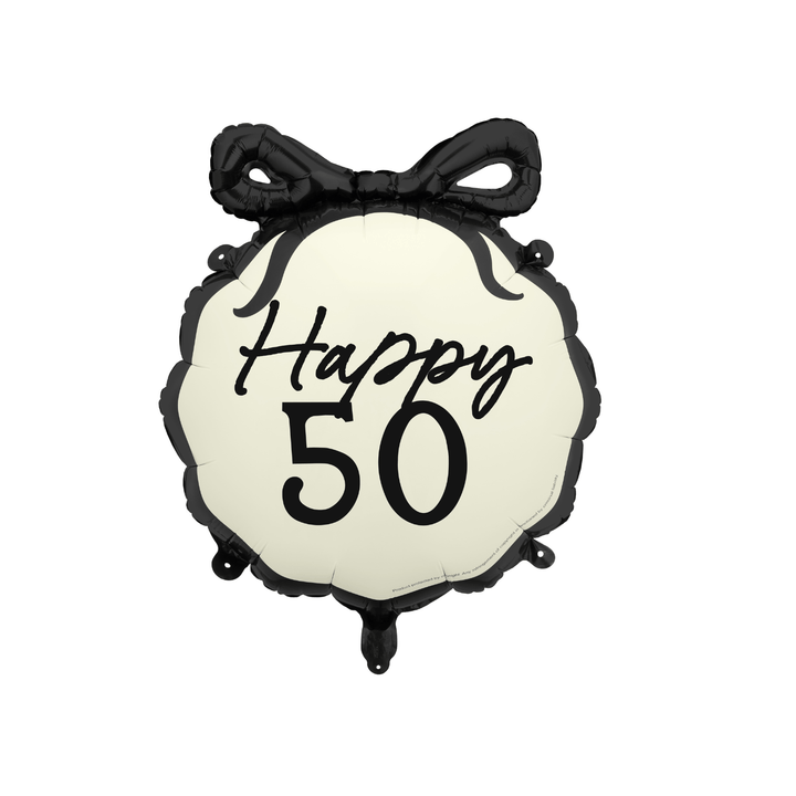 Happy 50 Black Bow Foil Balloon - 50th Birthday Party Balloons Happy 50 Black Bow Foil Balloon