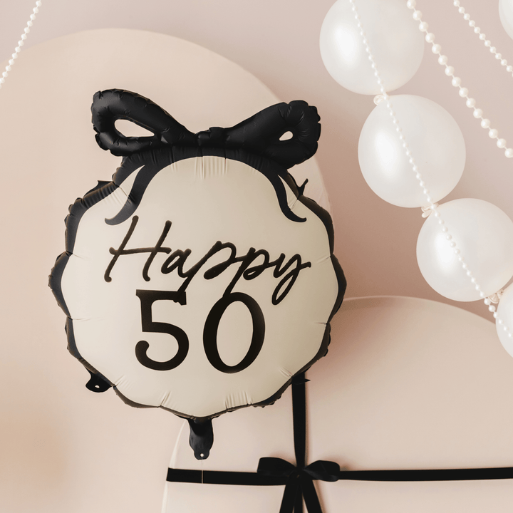 Happy 50 Black Bow Foil Balloon - 50th Birthday Party Balloons Happy 50 Black Bow Foil Balloon