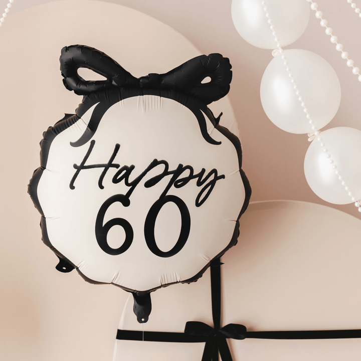 Happy 60 Black Bow Foil Balloon - 60th Birthday Party Balloons Happy 60 Black Bow Foil Balloon