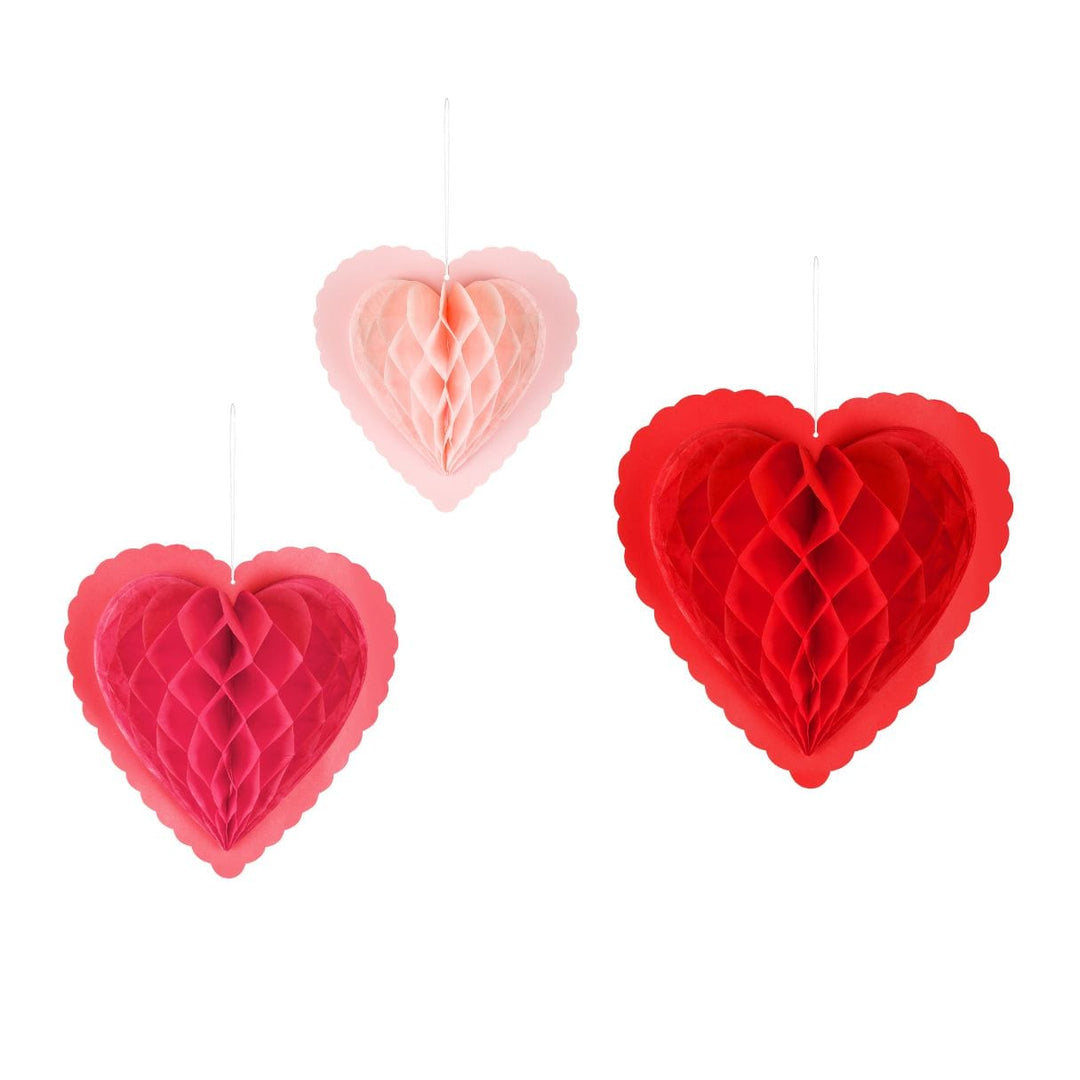 Heart Honeycomb Hanging Decorations x 3 - Valentine's Decor Paper Decoration Heart Honeycomb Hanging Decorations x 3