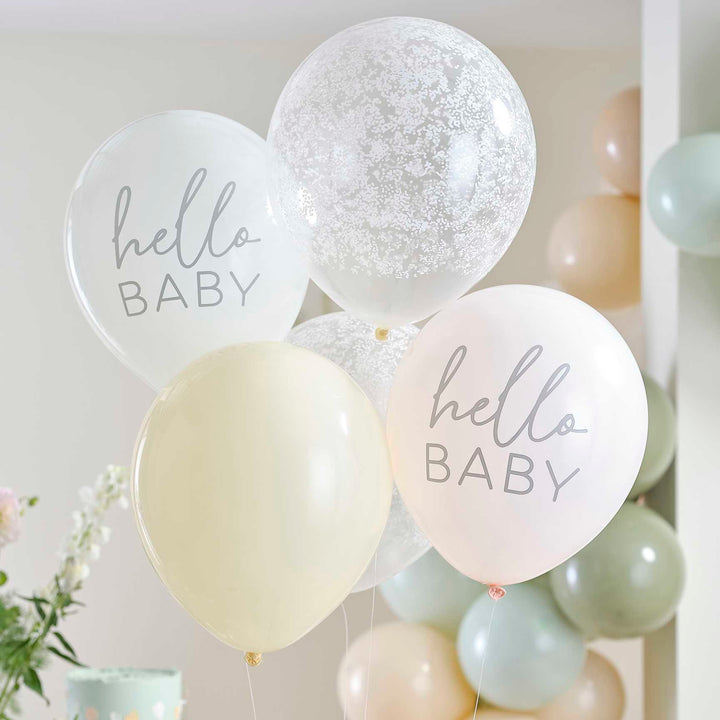 Hello Baby Floral Baby Shower Balloons x 5 - Baby Shower Decorations Balloons Hello Baby Floral Baby Shower Balloons x 5