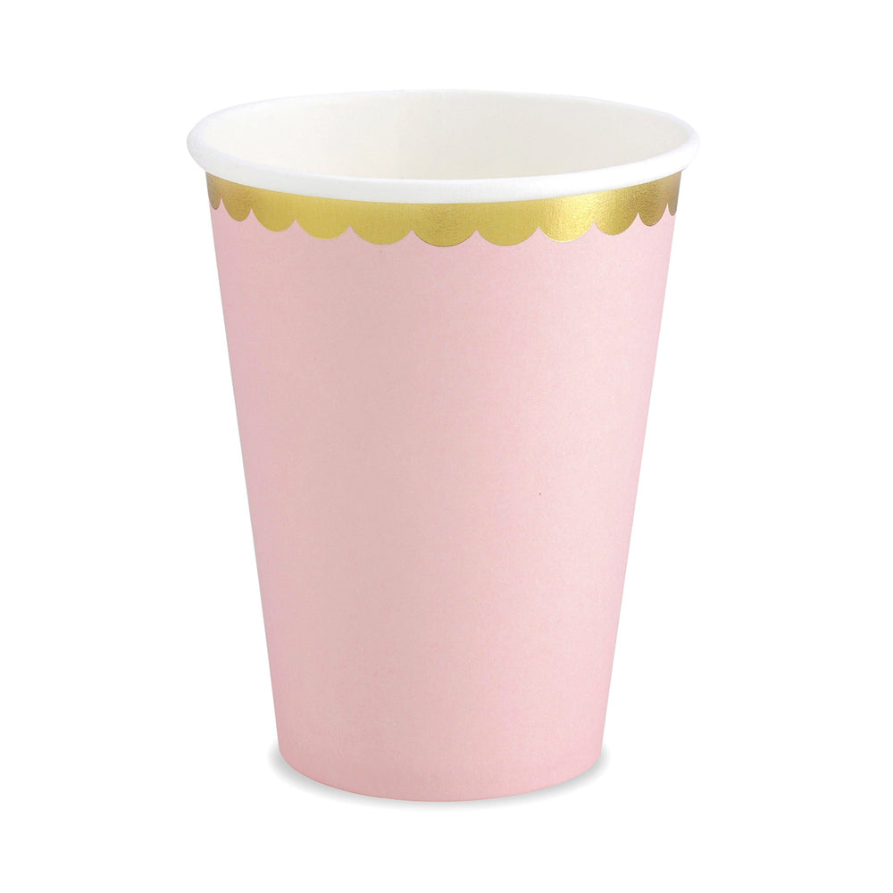 Light Pink & Gold Scalloped Paper Cups x 6 - Pink Party Supplies Disposable Cups Light Pink & Gold Scalloped Paper Cups x 6