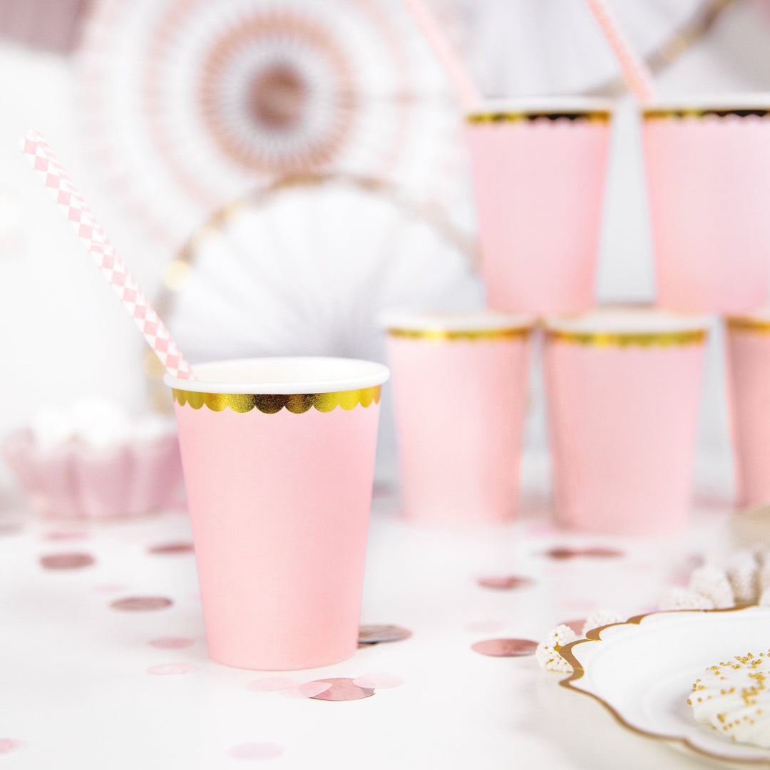 Light Pink & Gold Scalloped Paper Cups x 6 - Pink Party Supplies Disposable Cups Light Pink & Gold Scalloped Paper Cups x 6