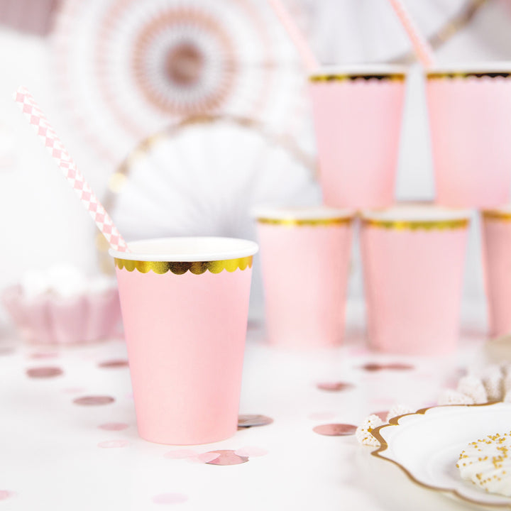 Light Pink & Gold Scalloped Paper Cups x 6 - Pink Party Supplies Disposable Cups Light Pink & Gold Scalloped Paper Cups x 6