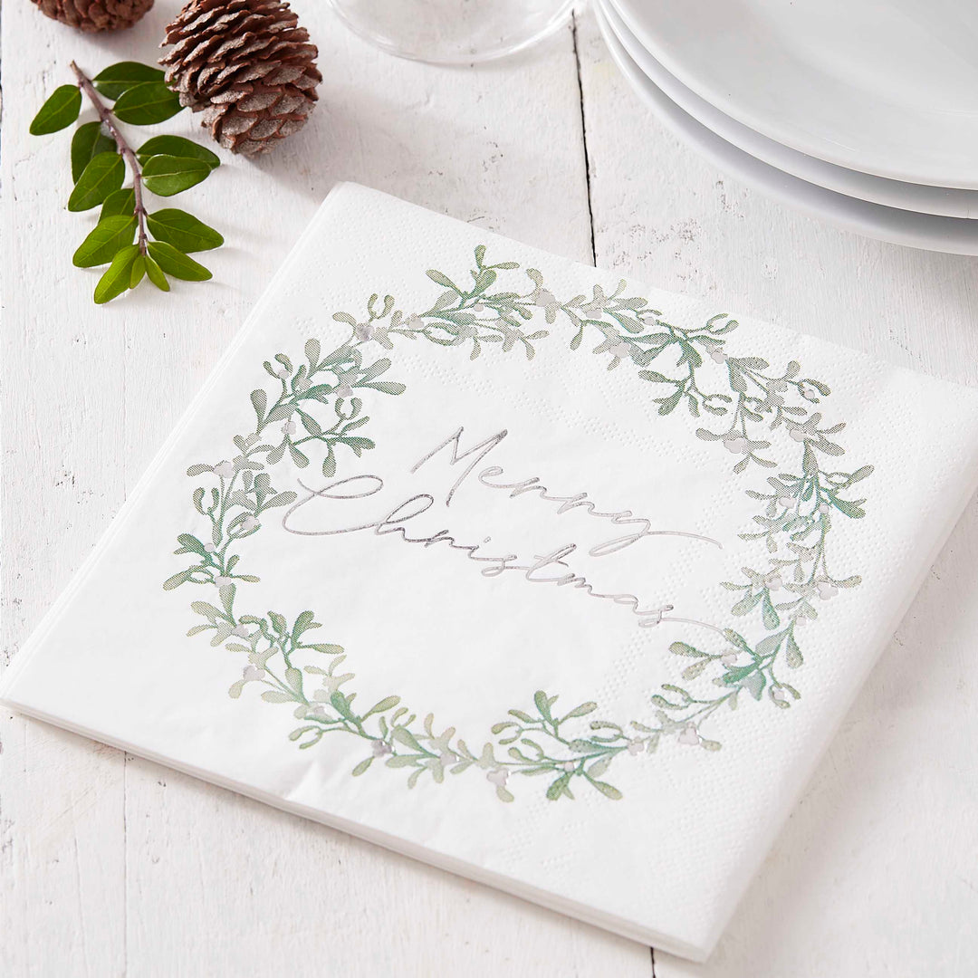 Paper Napkins Merry Christmas Mistletoe Wreath Christmas Napkins x 16