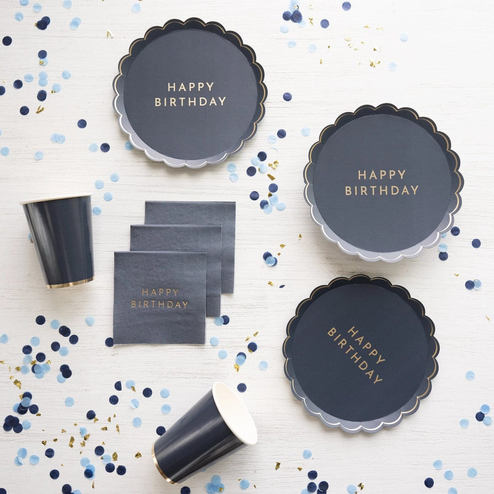 Midnight Blue Signature Happy Birthday Small Plates x 8 - Bonjour Fete UK Party Supplies Disposable Plates Midnight Blue Signature Happy Birthday Small Plates x 8