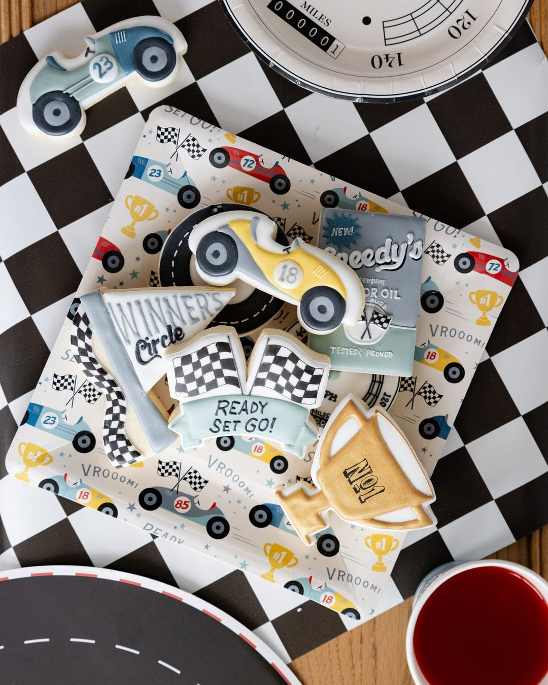 Miles Per Hour - Checkered Flag Table Runner - My Mind's Eye Party - Racing Party Decorations table cover Miles Per Hour - Checkered Flag Table Runner