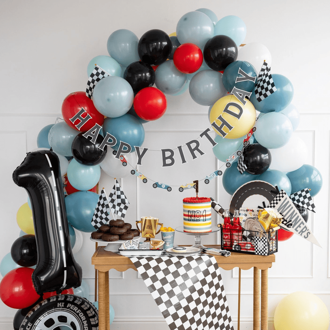 Miles Per Hour - Happy Birthday Banner Set - My Mind's Eye Party - Racing Party Decorations Banners Miles Per Hour - Checkered Flag Table Runner