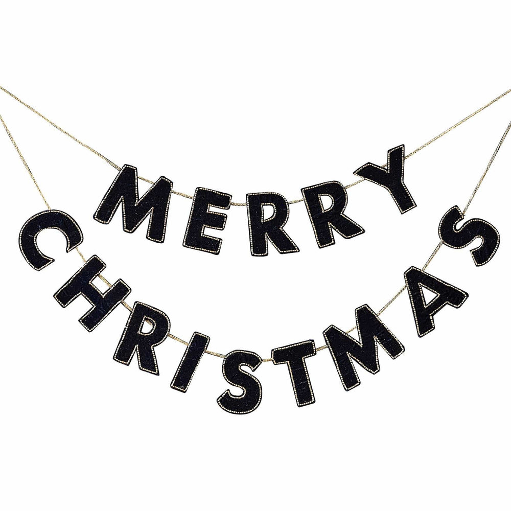 Navy Velvet Beaded Merry Christmas Bunting - Christmas Decorations Bunting Navy Velvet Beaded Merry Christmas Bunting