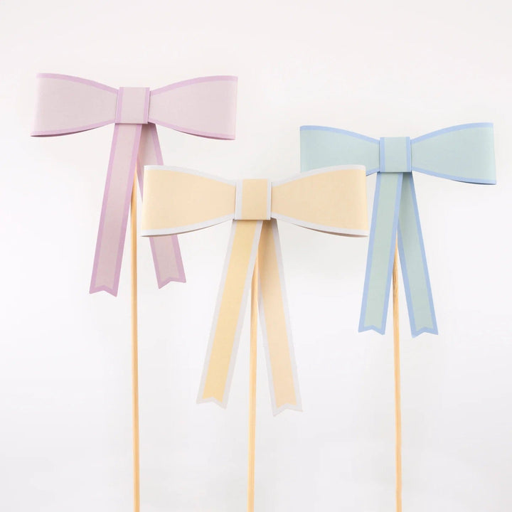 Pastel Bow Cake Toppers x 3 - Pastel Bow Themed Party Decor Cake Topper Pastel Bow Cake Toppers x 3