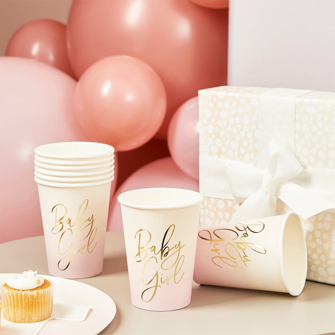 Pink 'Baby Girl' Paper Cups x 8 - Baby Shower Supplies Disposable Cups Pink 'Baby Girl' Paper Cups x 8