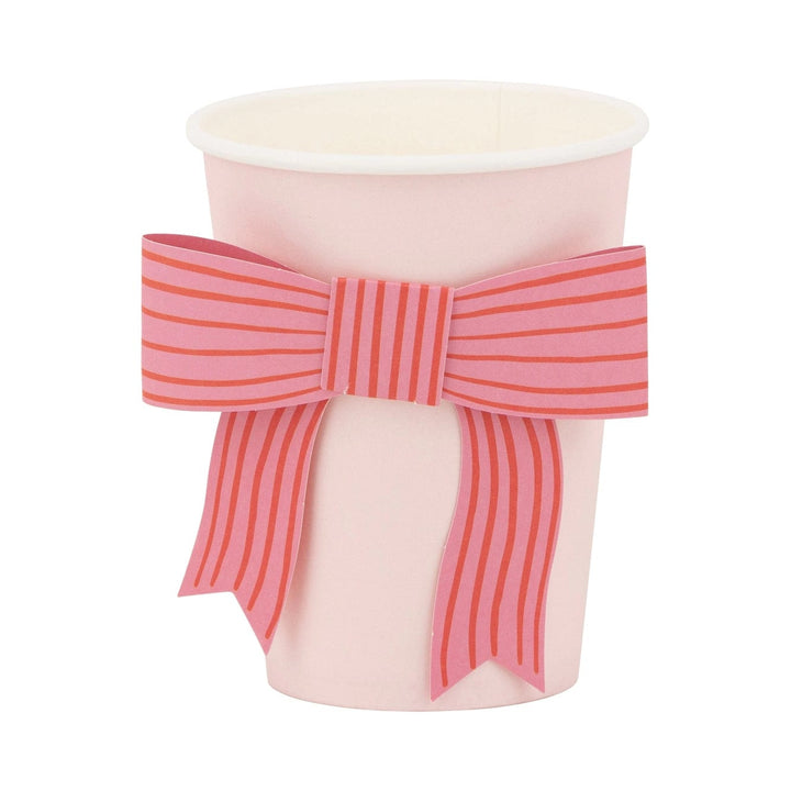 Pink Bow Party Cups x 8 -  Bow Party Supplies Paper Cup Pink Bow Party Cups x 8