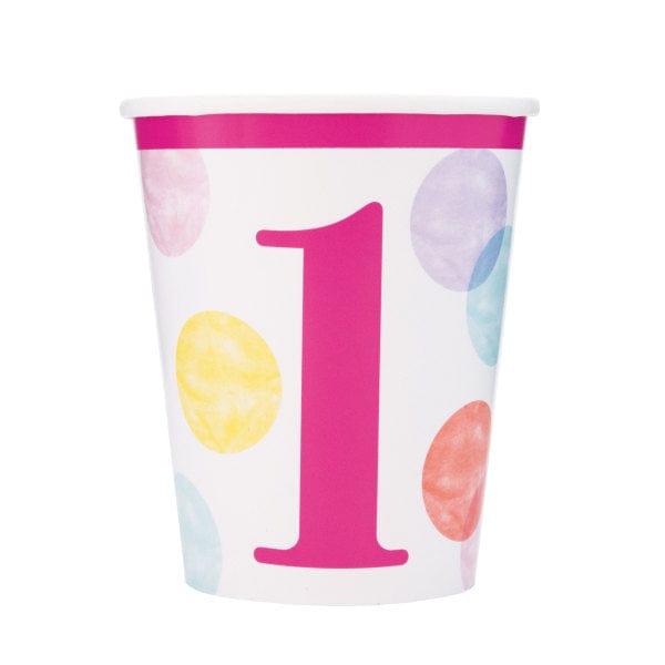 Paper Cup Pink Dots 1st Birthday Party Cups (pack of 8)