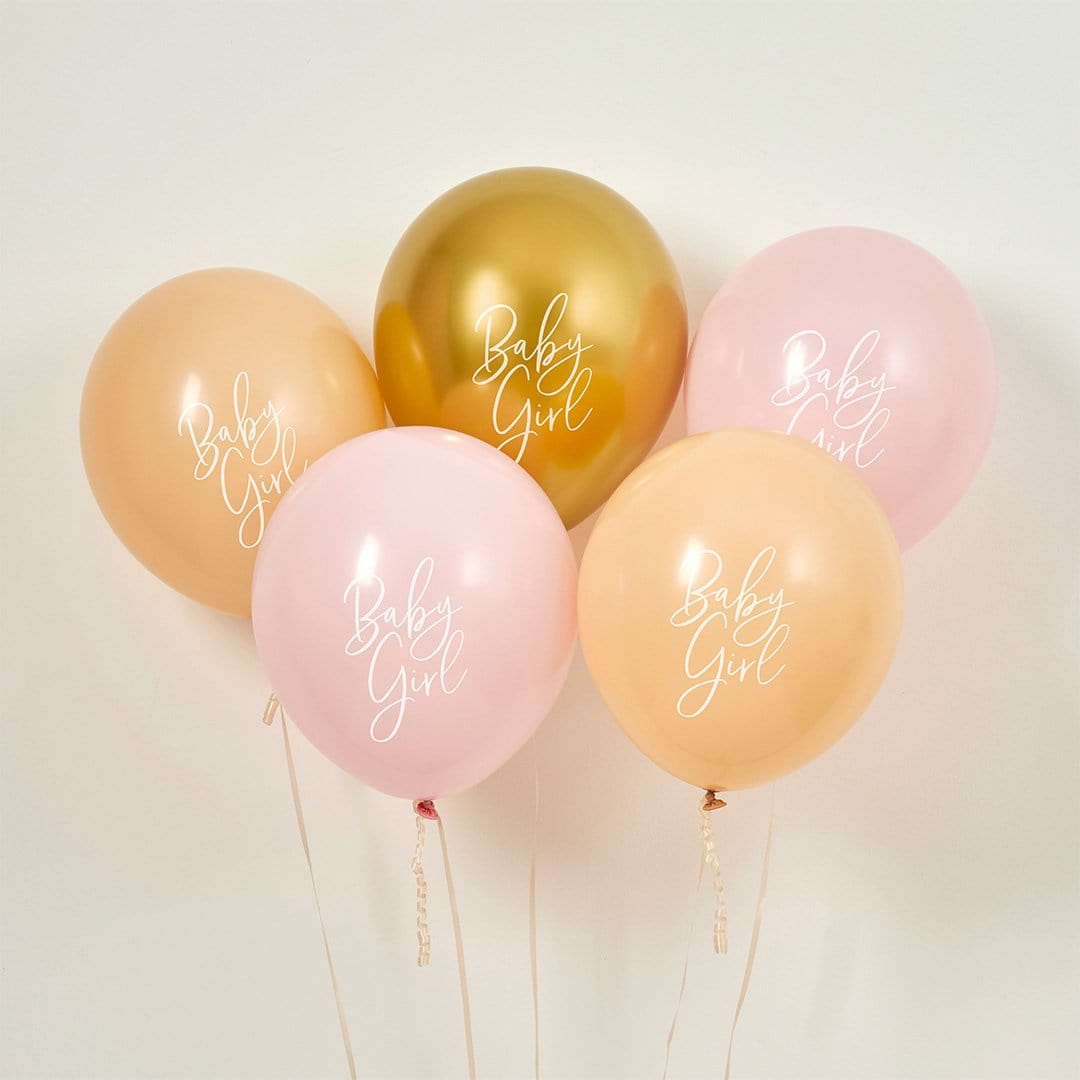 Pink, Nude & Gold 'Baby Girl' Latex Balloons - 5 Pack - Baby Shower Supplies Balloons Pink, Nude & Gold 'Baby Girl' Latex Balloons - 5 Pack