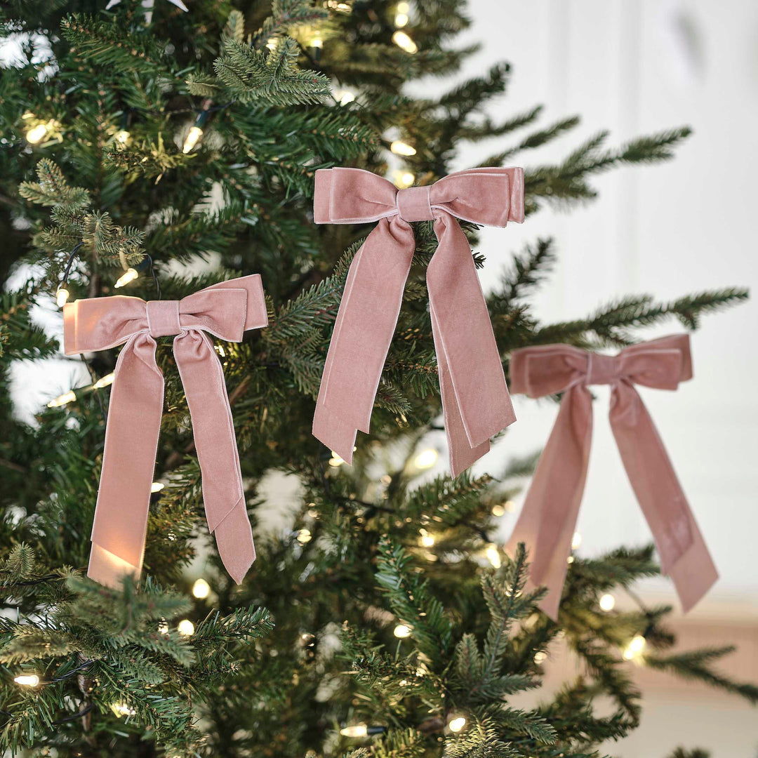 Pink Velvet Clip-On Christmas Tree Bow Decorations x 6 - Christmas Bows christmas decorations Pink Velvet Clip On Christmas Tree Bow Decorations x 6