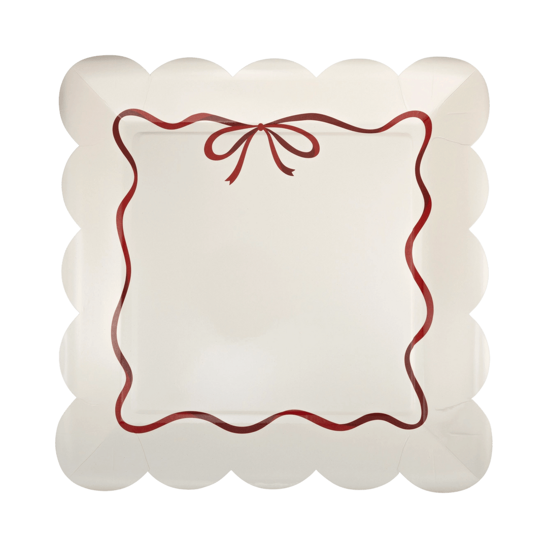 Red Bow Scallop Border Party Plates x 8 - Bow  Christmas Supplies Disposable Plates Red Bow Scallop Border Party Plates x 8