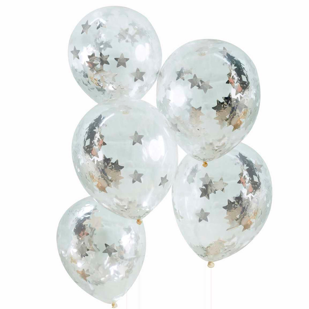 Silver Star Shaped Confetti Balloons x 5 - Silver Party Decorations Balloons Silver Star Shaped Confetti Balloons x 5