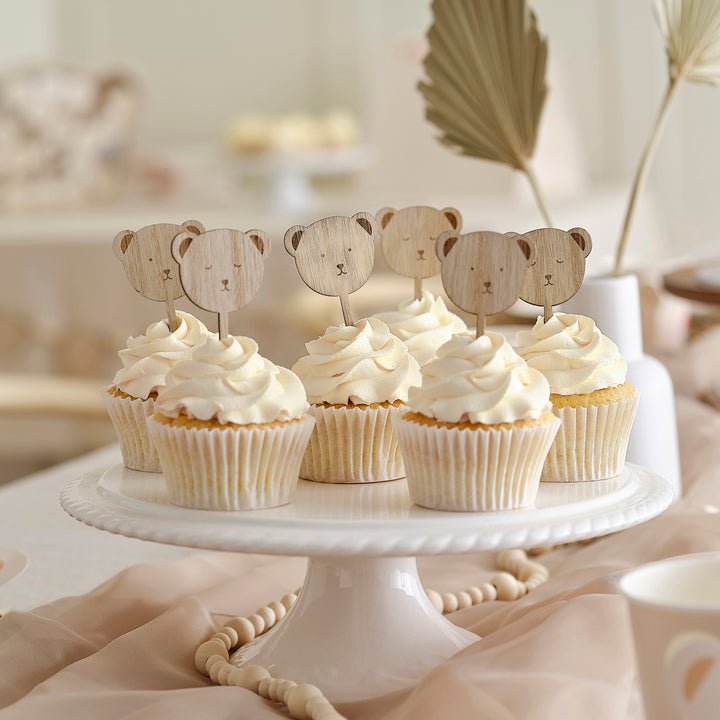 Wooden Teddy Bear Baby Shower Cupcake Toppers x 6