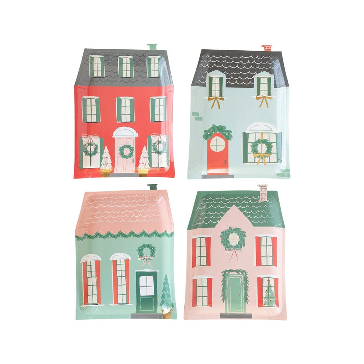 Village Christmas House Shaped Party Plates x 8 - My Mind's Eye Christmas Tableware Disposable Plates Village Christmas House Shaped Party Plates x 8