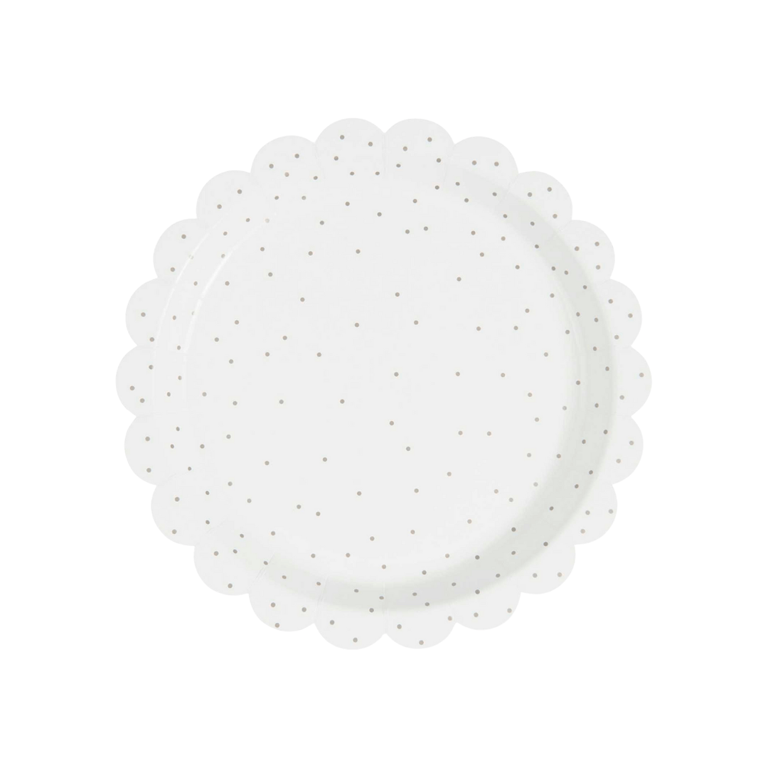 White & Gold Dots Scallop Paper Party Plates x 8 - White Tableware Disposable Plates White & Gold Dots Scallop Paper Party Plates x 8