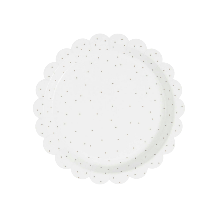 White & Gold Dots Scallop Paper Party Plates x 8 - White Tableware Disposable Plates White & Gold Dots Scallop Paper Party Plates x 8