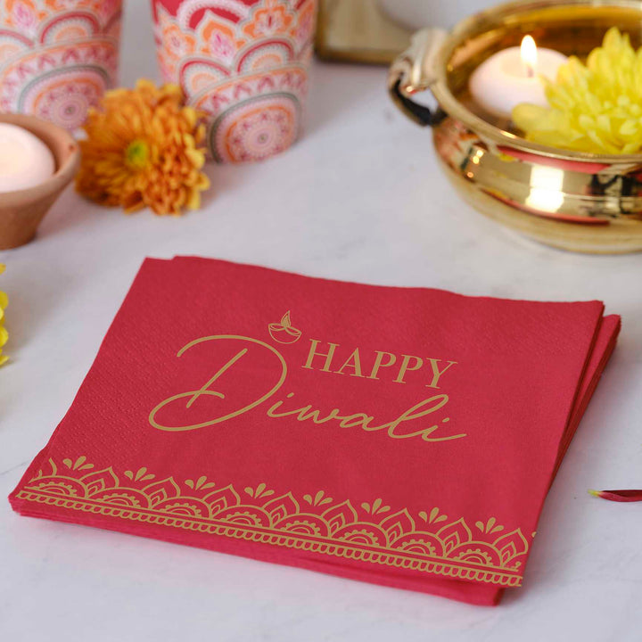 Diwali Table Decorations - Red Happy Diwali Paper Napkins Party Supplies Red Happy Diwali Paper Napkins